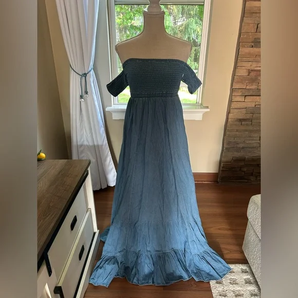 VENUS | Dresses | Venus Offshoulder Blue Denim Like Maxi Dress Size Small  Nwot | Poshmark